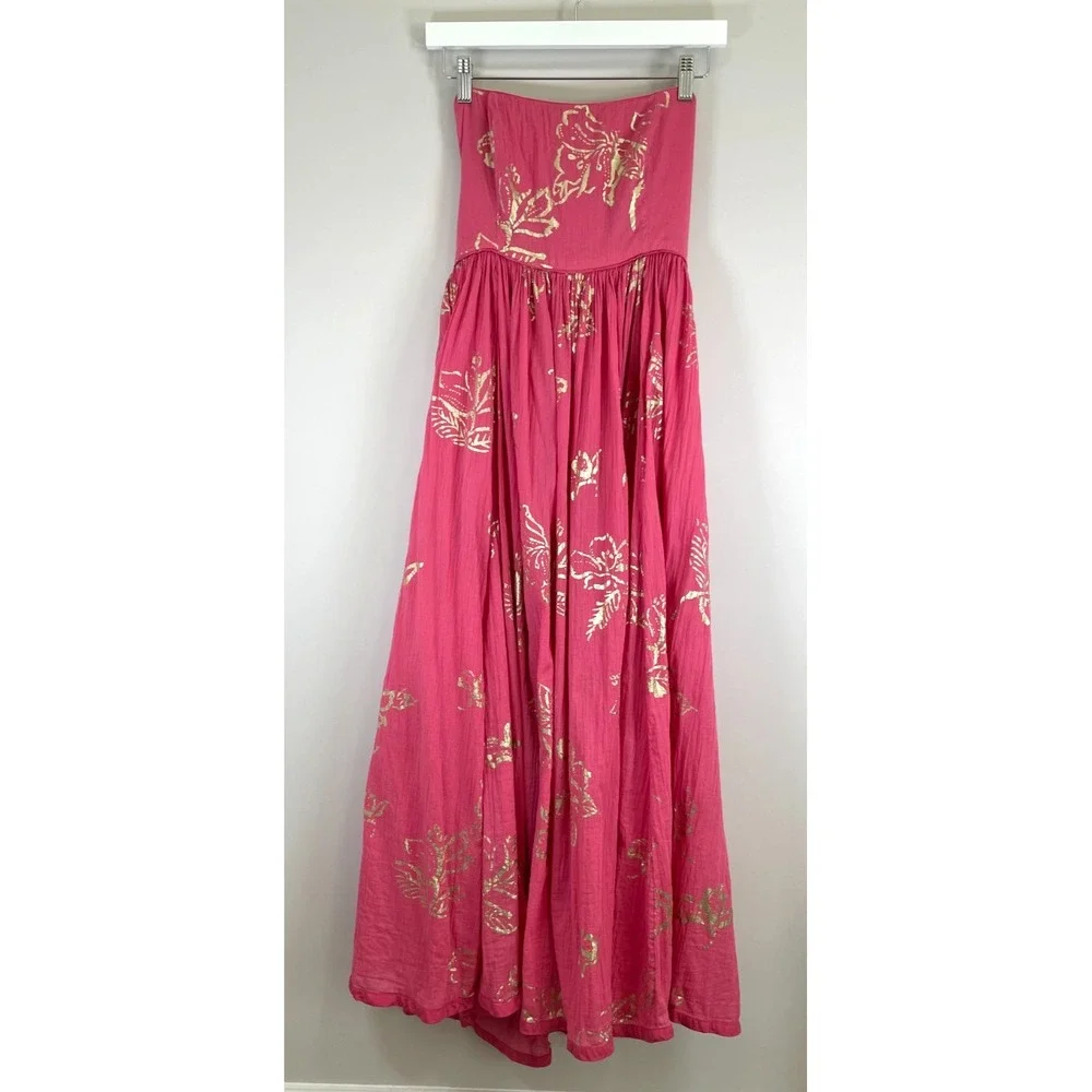 Free People Baja Babe Midi Dress M Hot Pink Gold Foil Strapless Boho OB1104493